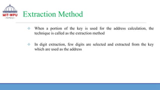 Extraction Method
❖ When a portion of the key is used for the address calculation, the
technique is called as the extraction method
❖ In digit extraction, few digits are selected and extracted from the key
which are used as the address
 