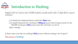 Introduction to Hashing
Suppose that we want to store 10,000 students records (each with a 5-digit ID) in a given
container.
❑A linked list implementation would take O(n) time.
❑A height balanced tree would give O(log n) access time.Using an array of size
100,000 would give O(1) access time but will lead to a lot of
space wastage.
Is there some way that we could get O(1) access without wasting a lot of space?
The answer is hashing.
 