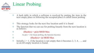 Linear Probing
❖ A hash table in which a collision is resolved by putting the item in the
next empty place in following the occupied place is called linear probing
❖ This strategy looks for the next free location until it is found
❖ The function that we can use for probing linearly from the next location is
as follows:
❖ (Hash(x) + p(i)) MOD Max
❖ As p(i) = i for linear probing, the function becomes
❖ (Hash(x)+ i)) MOD Max
❖ Initially i = 1, if the location is not empty then it becomes 2, 3, 4, …, and
so on till empty location is found.
 