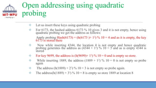 Open addressing using quadratic
probing
❖ Let us insert these keys using quadratic probing
❖ For 6173, the hashed address 6173 % 10 gives 3 and it is not empty, hence using
quadratic probing we get the address as follows:
Apply probing Hash(6173) = (h(6173 )+ 12
) % 10 = 4 and as it is empty, the key
6173 is stored there
❖ Now while inserting 4344, the location 4 is not empty and hence quadratic
probing generates the address as (4344 + 12
) % 10 = 5 and as is empty 4344 is
stored
❖ For key 9699, the address is (h(9699)+ 12
) % 10 = 0 and is empty so store.
❖ While inserting 1889, the address (1889 + 12
) % 10 = 0 is not empty so probe
again
❖ The address (h(1889) + 22
) % 10 = 3 is not empty so probe again.
❖ The address(h(1889) + 32
) % 10 = 8 is empty so store 1889 at location 8
 