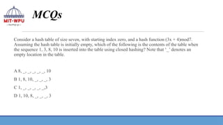 MCQs
Consider a hash table of size seven, with starting index zero, and a hash function (3x + 4)mod7.
Assuming the hash table is initially empty, which of the following is the contents of the table when
the sequence 1, 3, 8, 10 is inserted into the table using closed hashing? Note that ‘_’ denotes an
empty location in the table.
A 8, _, _, _, _, _, 10
B 1, 8, 10, _, _, _, 3
C 1, _, _, _, _, _,3
D 1, 10, 8, _, _, _, 3
 