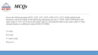 MCQs
Given the following input (4322, 1334, 1471, 9679, 1989, 6171, 6173, 4199) and the hash
function x mod 10, which of the following statements are true? i. 9679, 1989, 4199 hash to the
same value ii. 1471, 6171 has to the same value iii. All elements hash to the same value iv. Each
element hashes to a different value (GATE CS 2004)
A i only
B ii only
C i and ii only
D iii or iv
 
