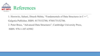 References
1. Horowitz, Sahani, Dinesh Mehta, “Fundamentals of Data Structures in C++”,
Galgotia Publisher, ISBN: 8175152788, 9788175152786.
2. Peter Brass, “Advanced Data Structures”, Cambridge University Press,
ISBN: 978-1-107-43982
 
