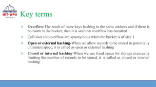 Key terms
❖ Overflow-The result of more keys hashing to the same address and if there is
no room in the bucket, then it is said that overflow has occurred
❖ Collision and overflow are synonymous when the bucket is of size 1
❖ Open or external hashing-When we allow records to be stored in potentially
unlimited space, it is called as open or external hashing
❖ Closed or internal hashing-When we use fixed space for storage eventually
limiting the number of records to be stored, it is called as closed or internal
hashing
 