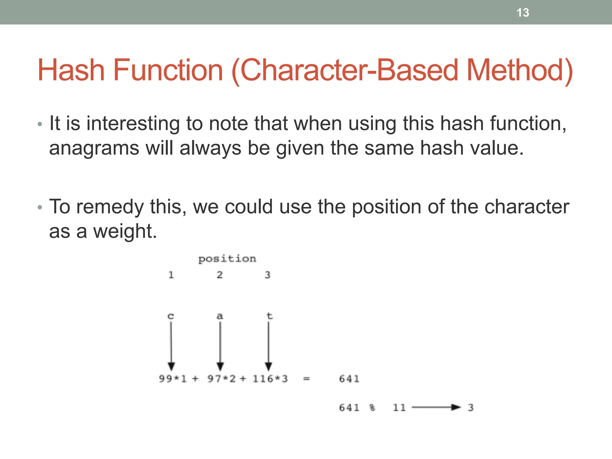 Hash Function (Character-Based Method)
• It is interesting to note that when using this hash function,
anagrams will always be given the same hash value.
• To remedy this, we could use the position of the character
as a weight.
13
 