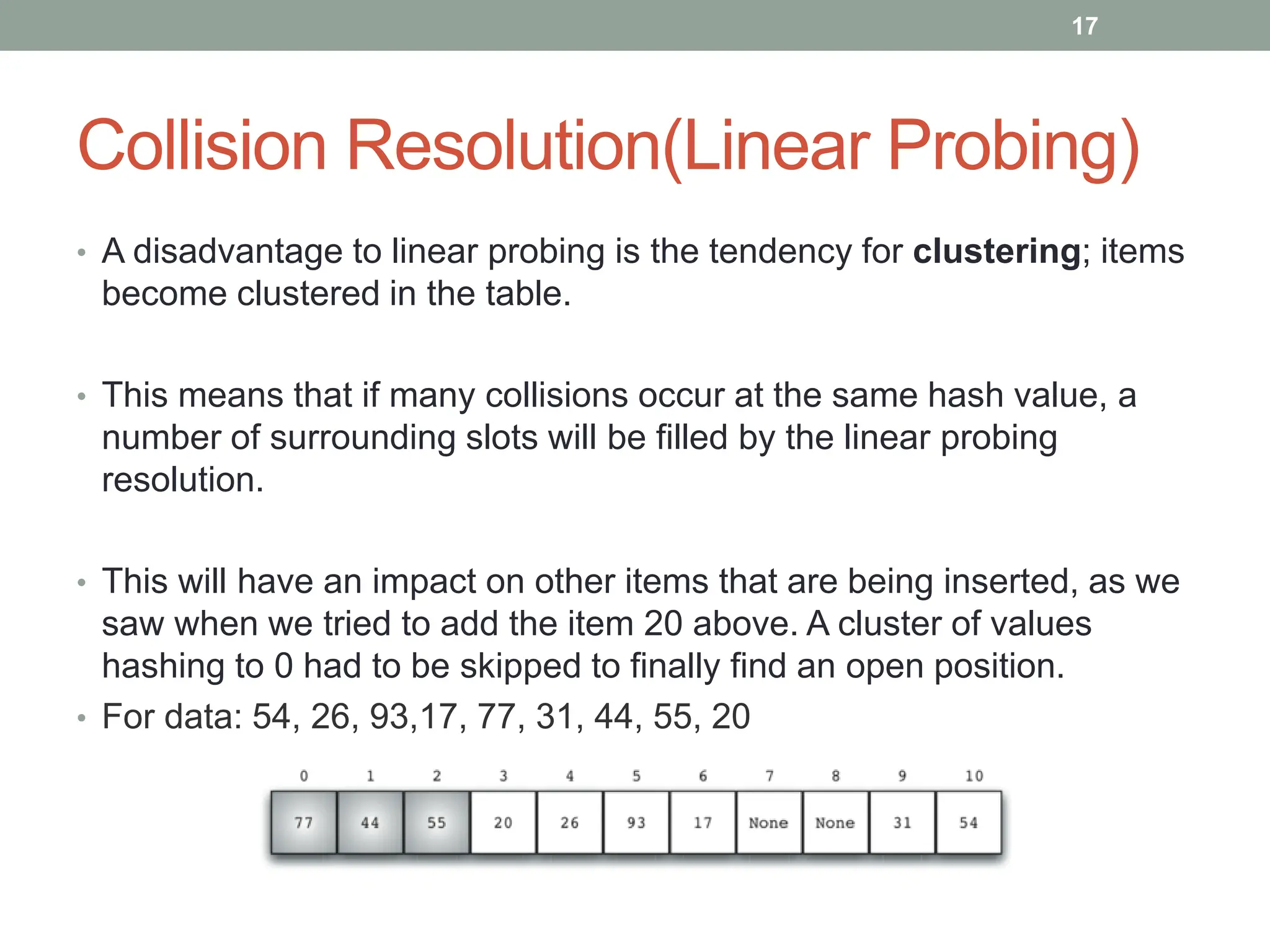 Collision Resolution(Linear Probing)
• A disadvantage to linear probing is the tendency for clustering; items
become clustered in the table.
• This means that if many collisions occur at the same hash value, a
number of surrounding slots will be filled by the linear probing
resolution.
• This will have an impact on other items that are being inserted, as we
saw when we tried to add the item 20 above. A cluster of values
hashing to 0 had to be skipped to finally find an open position.
• For data: 54, 26, 93,17, 77, 31, 44, 55, 20
17
 