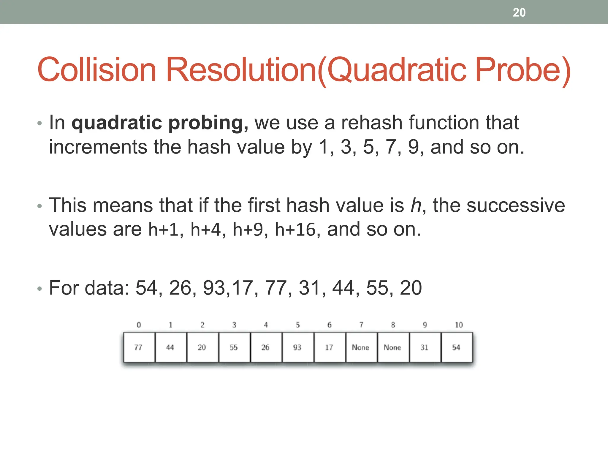 Collision Resolution(Quadratic Probe)
• In quadratic probing, we use a rehash function that
increments the hash value by 1, 3, 5, 7, 9, and so on.
• This means that if the first hash value is h, the successive
values are h+1, h+4, h+9, h+16, and so on.
• For data: 54, 26, 93,17, 77, 31, 44, 55, 20
20
 