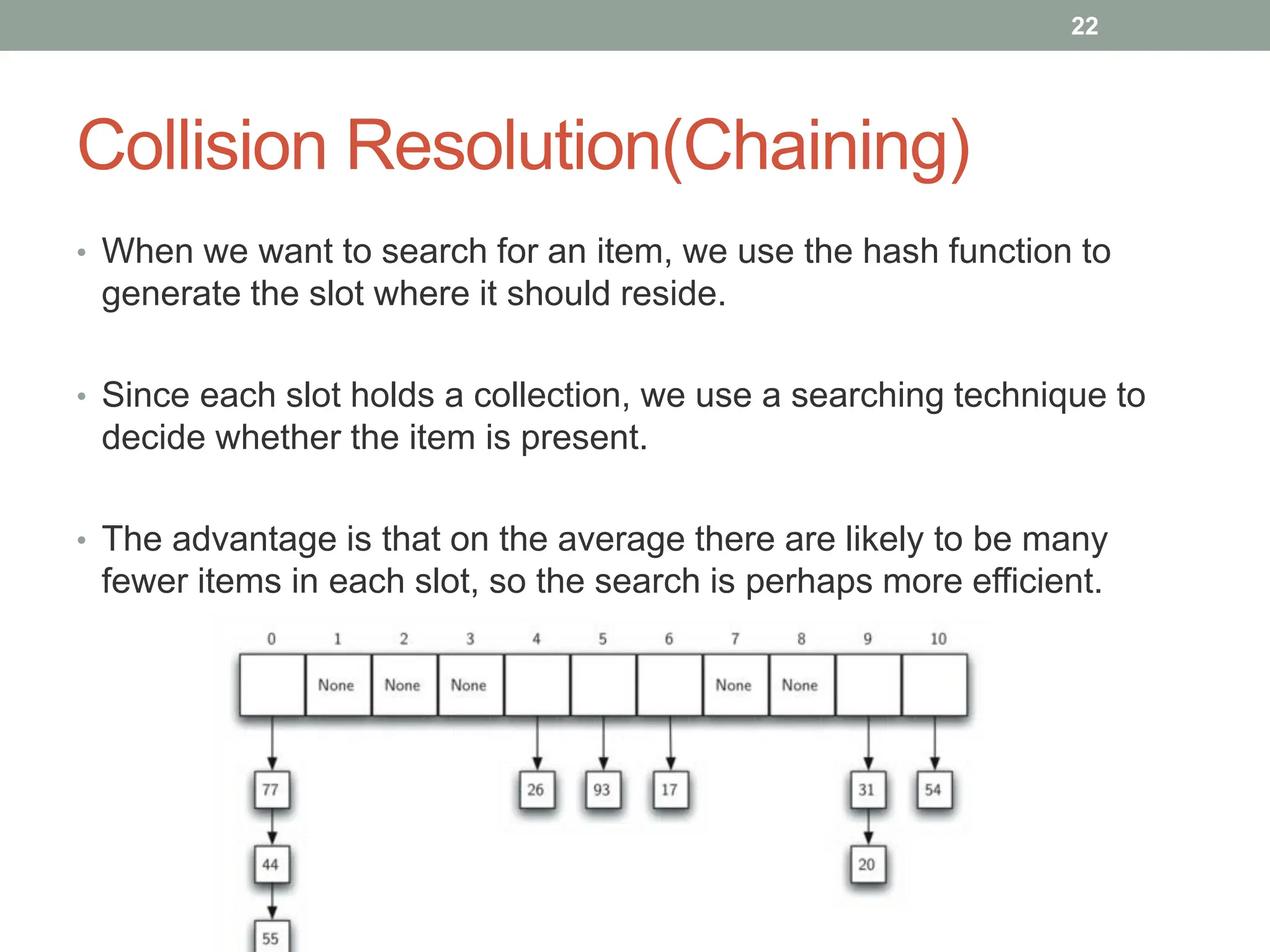 Collision Resolution(Chaining)
• When we want to search for an item, we use the hash function to
generate the slot where it should reside.
• Since each slot holds a collection, we use a searching technique to
decide whether the item is present.
• The advantage is that on the average there are likely to be many
fewer items in each slot, so the search is perhaps more efficient.
22
 