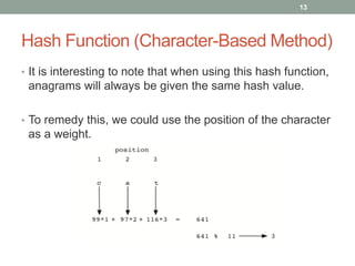 Hash Function (Character-Based Method)
• It is interesting to note that when using this hash function,
anagrams will always be given the same hash value.
• To remedy this, we could use the position of the character
as a weight.
13
 