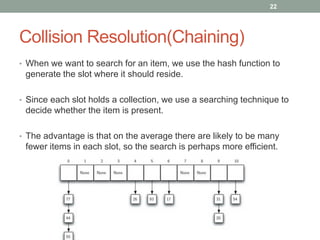 Collision Resolution(Chaining)
• When we want to search for an item, we use the hash function to
generate the slot where it should reside.
• Since each slot holds a collection, we use a searching technique to
decide whether the item is present.
• The advantage is that on the average there are likely to be many
fewer items in each slot, so the search is perhaps more efficient.
22
 