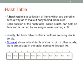 Hash Table
• A hash table is a collection of items which are stored in
such a way as to make it easy to find them later.
• Each position of the hash table, called a slot, can hold an
item and is named by an integer value starting at 0.
• Initially, the hash table contains no items so every slot is
empty.
• Figure 4 shows a hash table of size m=11. In other words,
there are m slots in the table, named 0 through 10.
6
 