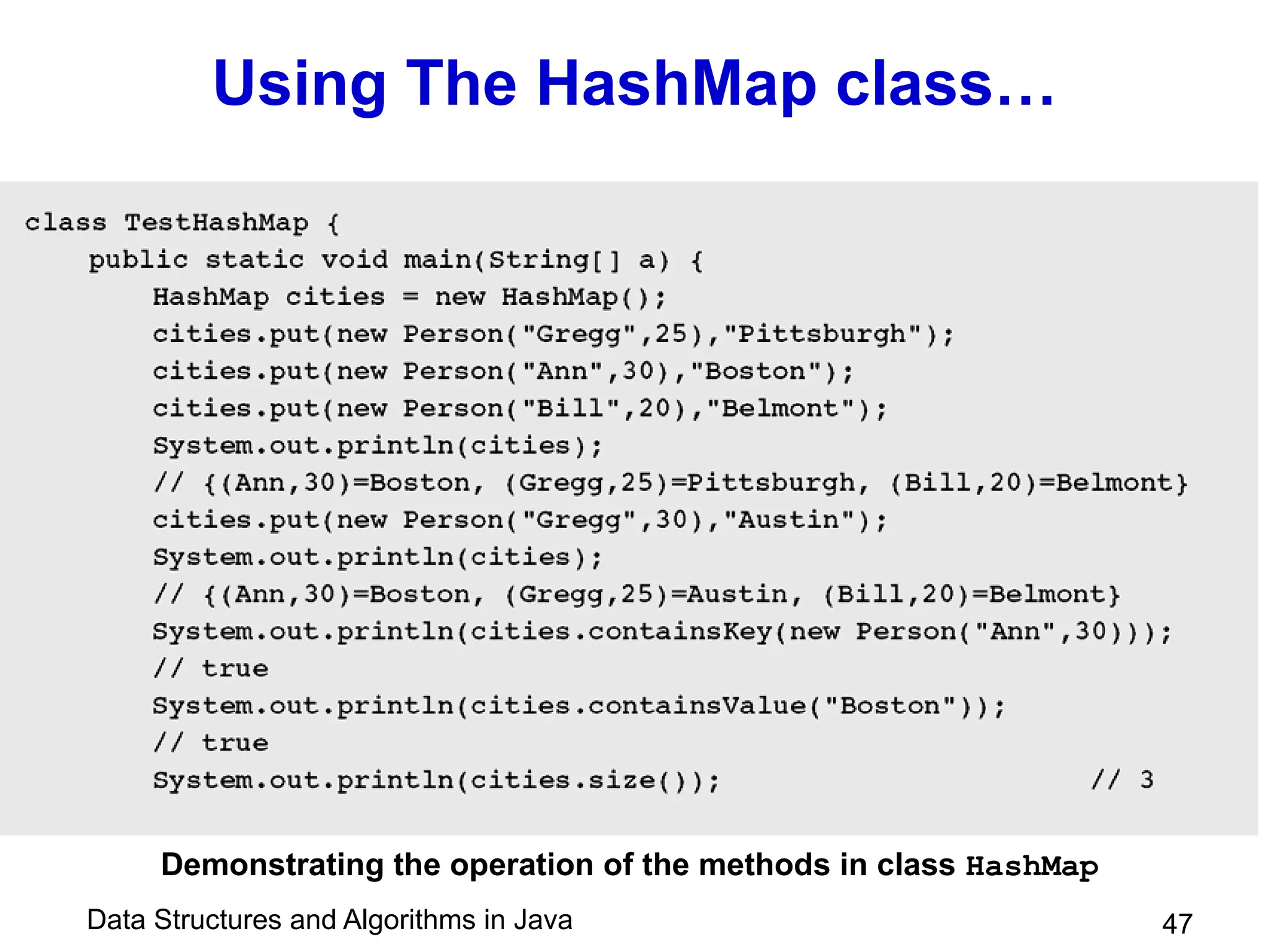 Data Structures and Algorithms in Java 47
Using The HashMap class…
Demonstrating the operation of the methods in class HashMap
 