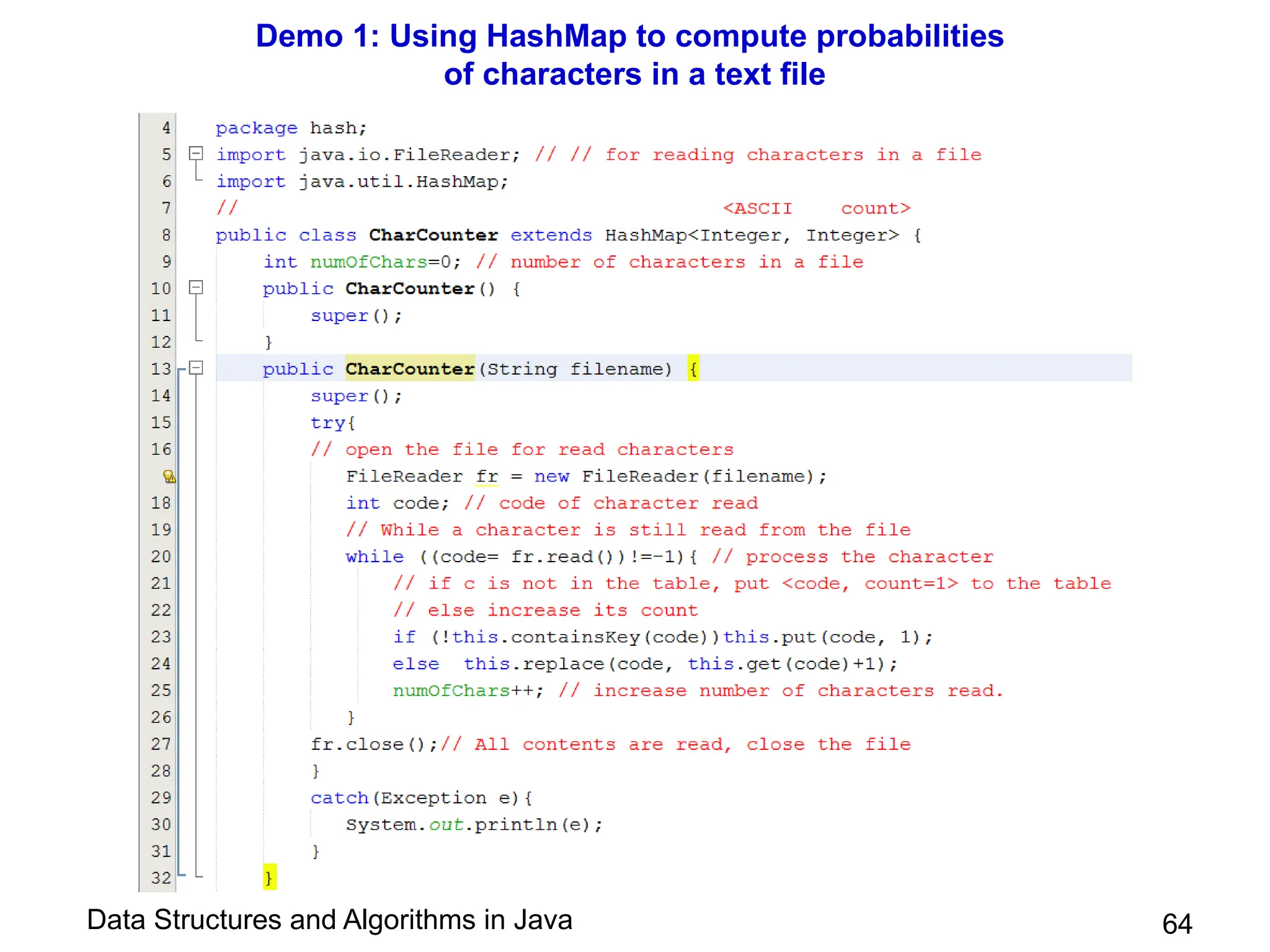 Data Structures and Algorithms in Java
Demo 1: Using HashMap to compute probabilities
of characters in a text file
64
 