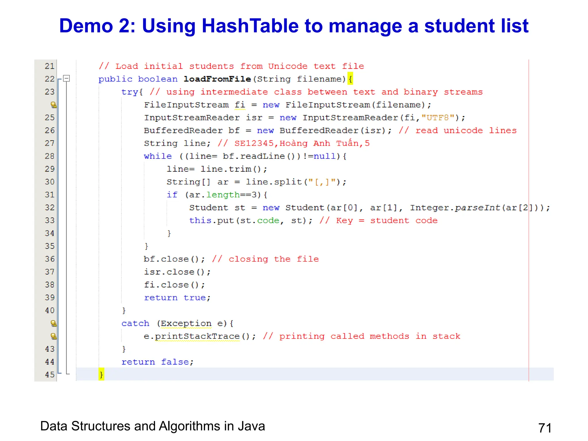 Data Structures and Algorithms in Java
Demo 2: Using HashTable to manage a student list
71
 