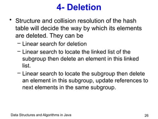 Data Structures and Algorithms in Java
4- Deletion
• Structure and collision resolution of the hash
table will decide the way by which its elements
are deleted. They can be
– Linear search for deletion
– Linear search to locate the linked list of the
subgroup then delete an element in this linked
list.
– Linear search to locate the subgroup then delete
an element in this subgroup, update references to
next elements in the same subgroup.
26
 