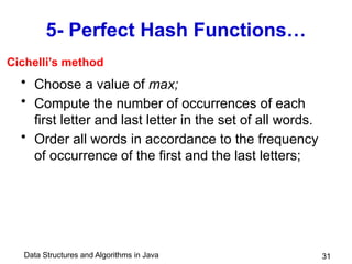 Data Structures and Algorithms in Java
5- Perfect Hash Functions…
• Choose a value of max;
• Compute the number of occurrences of each
first letter and last letter in the set of all words.
• Order all words in accordance to the frequency
of occurrence of the first and the last letters;
31
Cichelli’s method
 