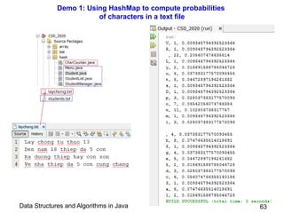 Data Structures and Algorithms in Java
Demo 1: Using HashMap to compute probabilities
of characters in a text file
63
 
