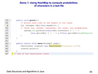 Data Structures and Algorithms in Java
Demo 1: Using HashMap to compute probabilities
of characters in a text file
65
 