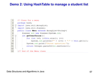 Data Structures and Algorithms in Java
Demo 2: Using HashTable to manage a student list
67
 