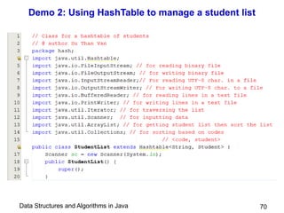 Data Structures and Algorithms in Java
Demo 2: Using HashTable to manage a student list
70
 