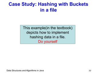 Data Structures and Algorithms in Java 77
Case Study: Hashing with Buckets
in a file
This example(in the textbook)
depicts how to implement
hashing data in a file.
Do yourself
 