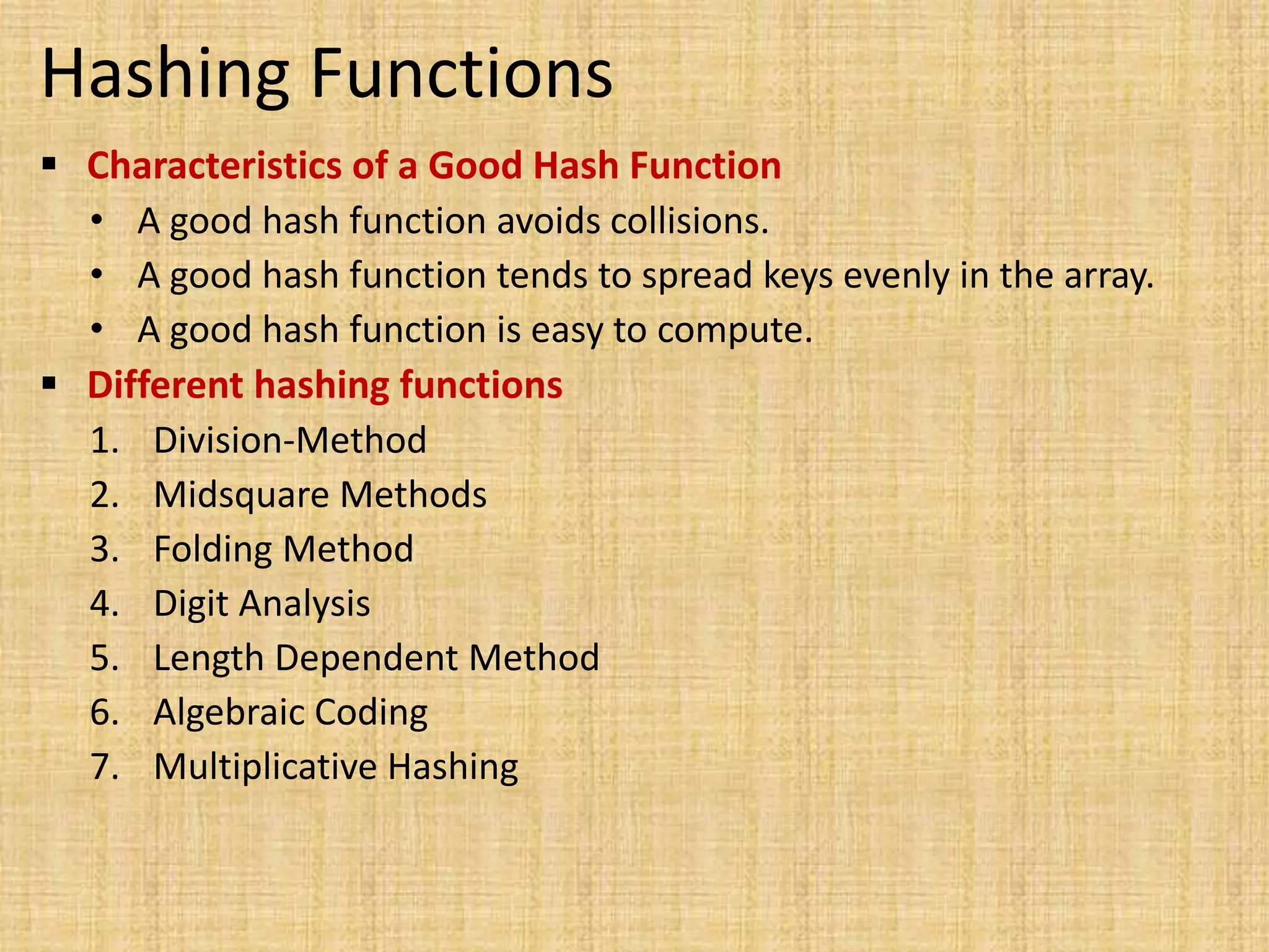Hashing Functions
 Characteristics of a Good Hash Function
• A good hash function avoids collisions.
• A good hash function tends to spread keys evenly in the array.
• A good hash function is easy to compute.
 Different hashing functions
1. Division-Method
2. Midsquare Methods
3. Folding Method
4. Digit Analysis
5. Length Dependent Method
6. Algebraic Coding
7. Multiplicative Hashing
 