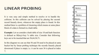 LINEAR PROBING
It is very easy and simple method to resolve or to handle the
collision. In this collision can be solved by placing the second
record linearly down, whenever the empty place is found. In this
method there is a problem of clustering which means at some place
block of a data is formed in a hash table.
Example: Let us consider a hash table of size 10 and hash function
is defined as H(key)=key % table size. Consider that following
keys are to be inserted that are 56,64,36,71.
In this diagram we can see that 56 and 36 need to be placed at same
bucket but by linear probing technique the records linearly placed
downward if place is empty i.e. it can be seen 36 is placed at index
7.
 