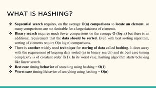 WHAT IS HASHING?
❖ Sequential search requires, on the average O(n) comparisons to locate an element, so
many comparisons are not desirable for a large database of elements.
❖ Binary search requires much fewer comparisons on the average O (log n) but there is an
additional requirement that the data should be sorted. Even with best sorting algorithm,
sorting of elements require O(n log n) comparisons.
❖ There is another widely used technique for storing of data called hashing. It does away
with the requirement of keeping data sorted (as in binary search) and its best case timing
complexity is of constant order O(1). In its worst case, hashing algorithm starts behaving
like linear search.
❖ Best case timing behavior of searching using hashing = O(1)
❖ Worst case timing Behavior of searching using hashing = O(n)
 