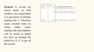 Scenario 2, records are
sorted based on Roll
numbers; now requirement
is to get names of students
starting with ‘J’. Therefore
create inverted index on
names where names
starting with each alphabet
will be stored as linked
list. Now go through the
linked list of ‘J’ to get all
the records
 