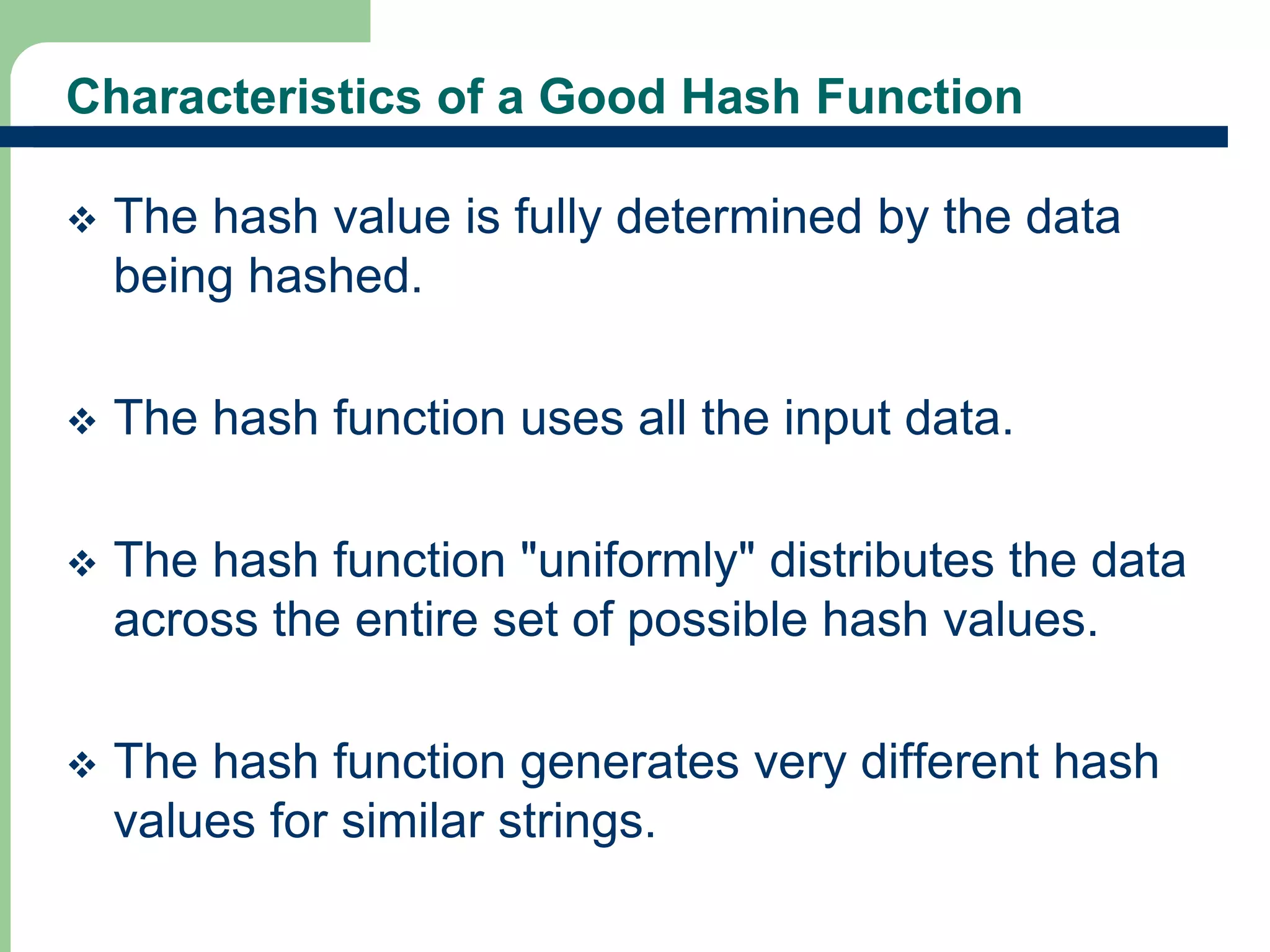 Characteristics of a Good Hash Function 
 The hash value is fully determined by the data 
being hashed. 
 The hash function uses all the input data. 
 The hash function "uniformly" distributes the data 
across the entire set of possible hash values. 
 The hash function generates very different hash 
values for similar strings. 
19 
