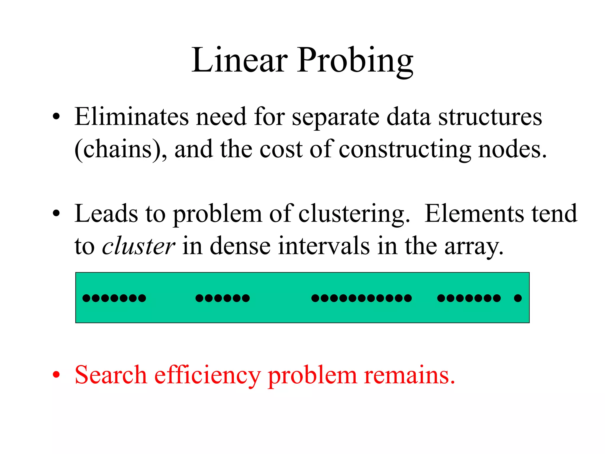 Linear Probing 
• Eliminates need for separate data structures 
(chains), and the cost of constructing nodes. 
• Leads to problem of clustering. Elements tend 
to cluster in dense intervals in the array. 
     
• Search efficiency problem remains. 
