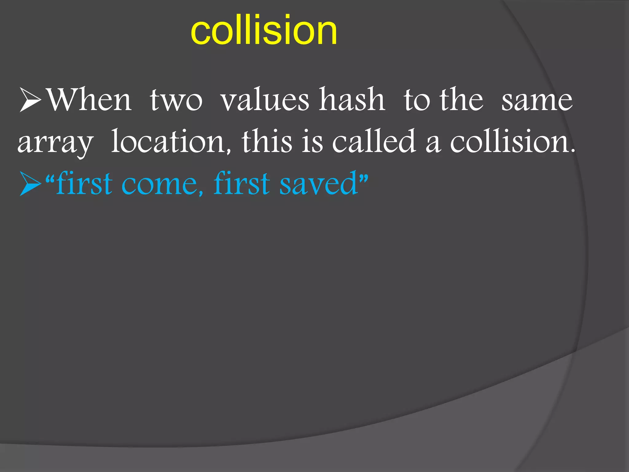 collision
When two values hash to the same
array location, this is called a collision.
“first come, first saved”
 