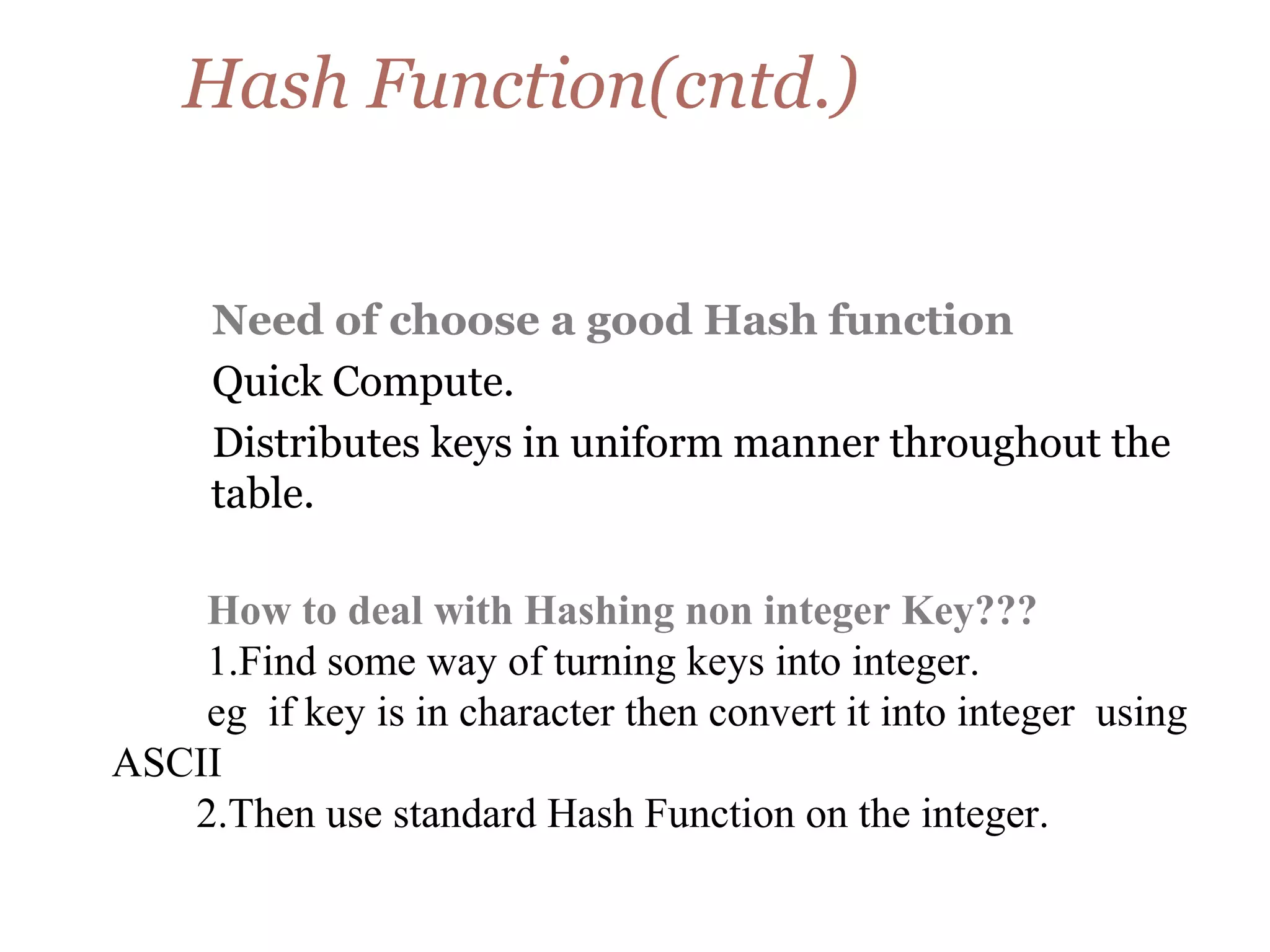 Hash Function(cntd.)
Need of choose a good Hash function
Quick Compute.
Distributes keys in uniform manner throughout the
table.
How to deal with Hashing non integer Key???
1.Find some way of turning keys into integer.
eg if key is in character then convert it into integer using
ASCII
2.Then use standard Hash Function on the integer.
 