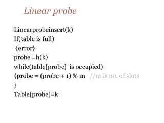 Linear probe
Linearprobeinsert(k)
If(table is full)
{error}
probe =h(k)
while(table[probe] is occupied)
{probe = (probe + 1) % m //m is no. of slots
}
Table[probe]=k
 