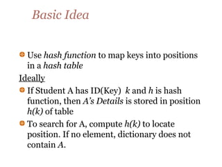 Basic Idea
Use hash function to map keys into positions
in a hash table
Ideally
If Student A has ID(Key) k and h is hash
function, then A’s Details is stored in position
h(k) of table
To search for A, compute h(k) to locate
position. If no element, dictionary does not
contain A.
 