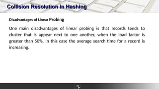 Collision Resolution in Hashing
29
Disadvantages of Linear Probing
One main disadvantages of linear probing is that records tends to
cluster that is appear next to one another, when the load factor is
greater than 50%. In this case the average search time for a record is
increasing.
 