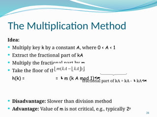 26
The Multiplication Method
Idea:
 Multiply key k by a constant A, where 0 < A < 1
 Extract the fractional part of kA
 Multiply the fractional part by m
 Take the floor of the result
h(k) = = m (k A mod 1)
 Disadvantage: Slower than division method
 Advantage: Value of m is not critical, e.g., typically 2p
fractional part of kA = kA - kA
 