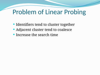 Problem of Linear Probing
 Identifiers tend to cluster together
 Adjacent cluster tend to coalesce
 Increase the search time
 