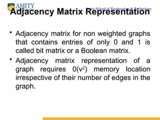 Amity School of Engineering & Technology
Adjacency Matrix Representation
• Adjacency matrix for non weighted graphs
that contains entries of only 0 and 1 is
called bit matrix or a Boolean matrix.
• Adjacency matrix representation of a
graph requires 0(v2
) memory location
irrespective of their number of edges in the
graph.
 