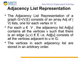 Amity School of Engineering & Technology
Adjacency List Representation
• The Adjacency List Representation of a
graph G=(V,E) consists of an array Adj of |
V| lists, one for each vertex in V.
• For each u € V , the adjacency list Adj[u]
contains all the vertices v such that there
is an edge (u,v) € E i.e. Adj[u] consists of
all the vertices adjacent to u in G.
• The vertices in each adjacency list are
stored in an arbitrary order.
 