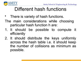 Amity School of Engineering & Technology
Different hash functions
• There is variety of hash functions.
The main considerations while choosing
particular hash function h are:
1. It should be possible to compute it
efficiently
2. It should distribute the keys uniformly
across the hash table i.e. it should keep
the number of collisions as minimum as
possible.
 