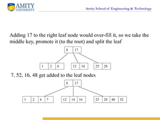 Amity School of Engineering & Technology
Adding 17 to the right leaf node would over-fill it, so we take the
middle key, promote it (to the root) and split the leaf
8 17
12 14 25 28
1 2 6
7, 52, 16, 48 get added to the leaf nodes
8 17
12 14 25 28
1 2 6 16 48 52
7
 