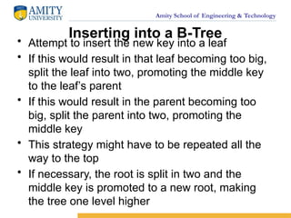 Amity School of Engineering & Technology
Inserting into a B-Tree
• Attempt to insert the new key into a leaf
• If this would result in that leaf becoming too big,
split the leaf into two, promoting the middle key
to the leaf’s parent
• If this would result in the parent becoming too
big, split the parent into two, promoting the
middle key
• This strategy might have to be repeated all the
way to the top
• If necessary, the root is split in two and the
middle key is promoted to a new root, making
the tree one level higher
 
