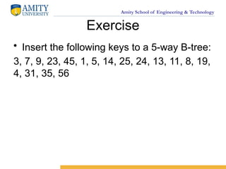 Amity School of Engineering & Technology
Exercise
• Insert the following keys to a 5-way B-tree:
3, 7, 9, 23, 45, 1, 5, 14, 25, 24, 13, 11, 8, 19,
4, 31, 35, 56
 