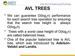 Amity School of Engineering & Technology
AVL TREES
• We can guarantee O(log2n) performance
for each search tree operation by ensuring
that the search tree height is always
O(log2n).
• Trees with a worst case height of O(log2n)
are called balanced trees.
• One of the popular balanced tree is AVL
tree, which was introduced by Adelson-
Velskii and Landis.
 