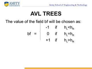 Amity School of Engineering & Technology
AVL TREES
The value of the field bf will be chosen as:
-1 if hL<hR
bf = 0 if hL=hR
+1 if hL>hR
 