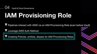 Vault & Cloud Governance
04
IAM Provisioning Role
Pipelines interact with AWS via an IAM Provisioning Role (even before Vault)
Leverage AWS Auth Method
Creating Policies, entities, aliases for IAM Provisioning Roles
 