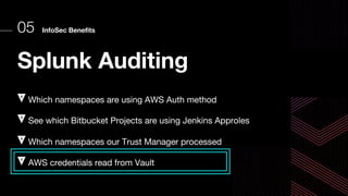 InfoSec Benefits
05
Which namespaces are using AWS Auth method
See which Bitbucket Projects are using Jenkins Approles
Which namespaces our Trust Manager processed
AWS credentials read from Vault
Splunk Auditing
 
