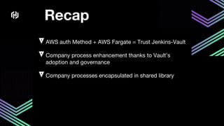 Recap
AWS auth Method + AWS Fargate = Trust Jenkins-Vault
Company process enhancement thanks to Vault’s
adoption and governance
Company processes encapsulated in shared library
 