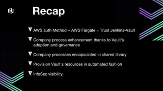 Recap
AWS auth Method + AWS Fargate = Trust Jenkins-Vault
Company process enhancement thanks to Vault’s
adoption and governance
Company processes encapsulated in shared library
Provision Vault’s resources in automated fashion
InfoSec visibility
 